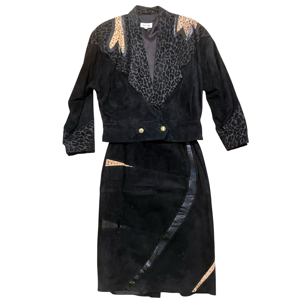 Vintage Black Suede Leopard Print Skirt Suit Set West Bay Sport Leathers